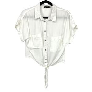 2Bella Button Front Tie Waist Short Sleeve Blouse Womens Size Large White